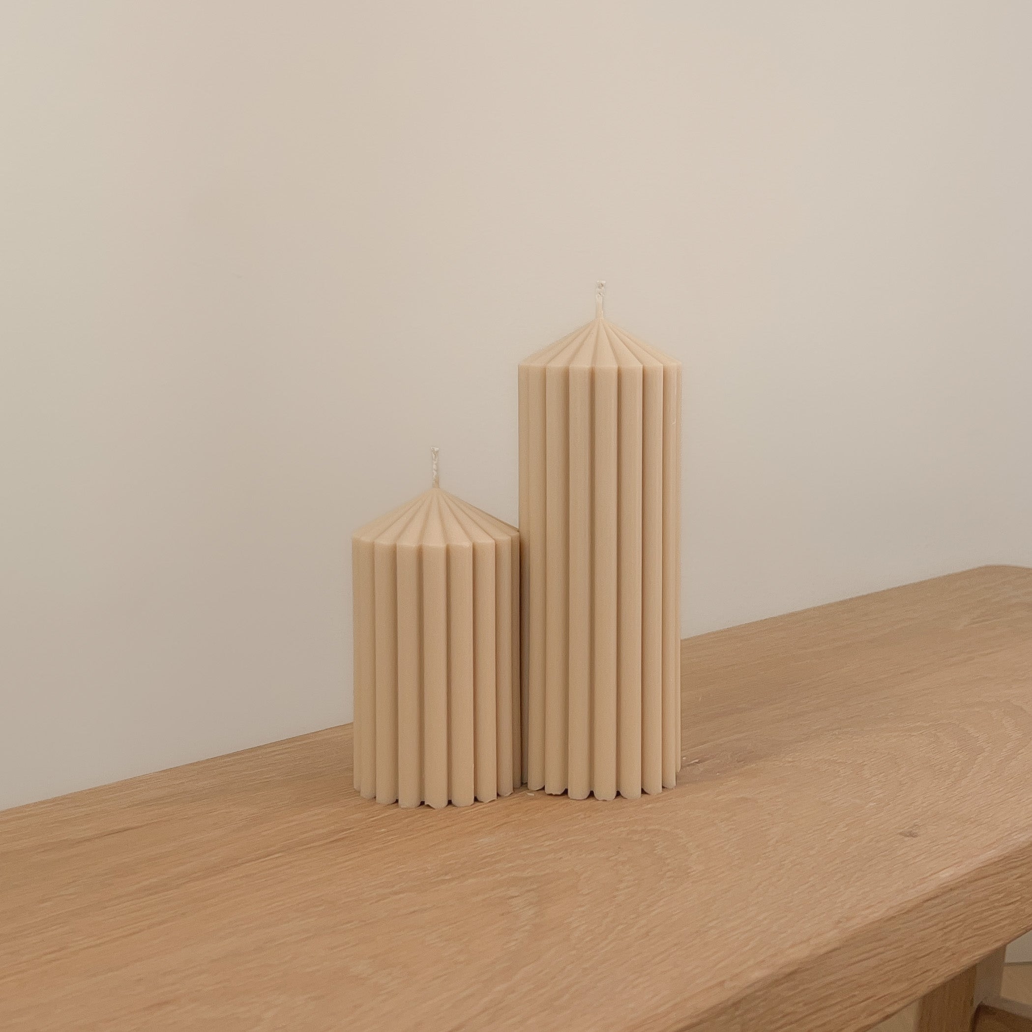 Fluted Ribbed Pillar Candle (pair) - Taupecandleco